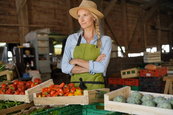 Mujer Agricultora Alegre Vendiendo Productos Directamente Granja —  Fotos de Stock