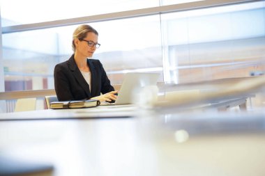 Modern ofisteki yönetici kadın dizüstü bilgisayarda çalışıyor.