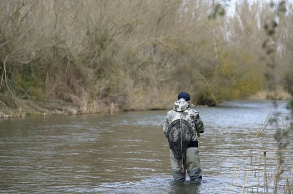 Pêcheur Mouche Rivière Hiver — Photo