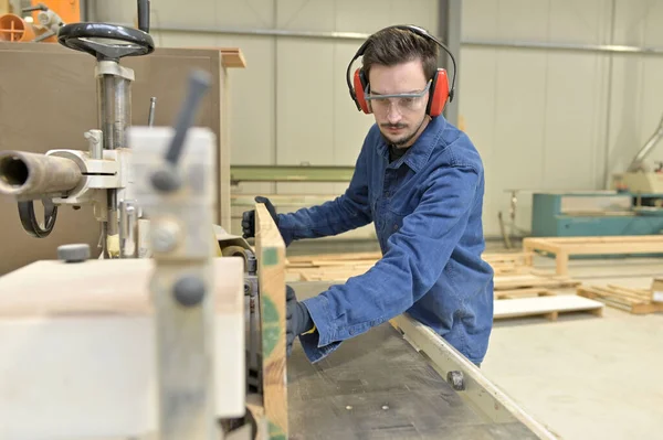 Apprentice Working Wood Carpentry Workshop — Stock Photo, Image