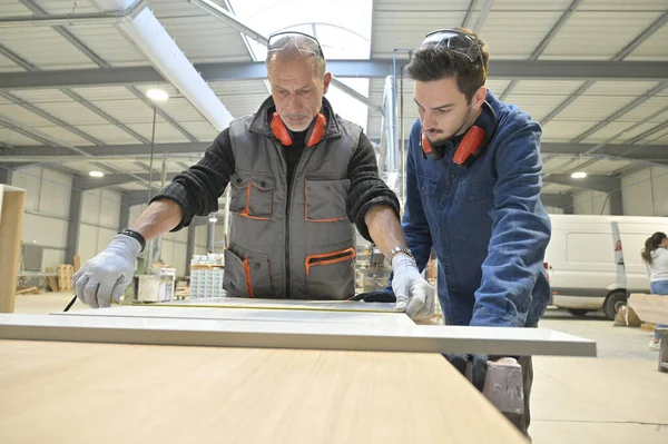 Menuisier Avec Apprenti Travaillant Atelier — Photo