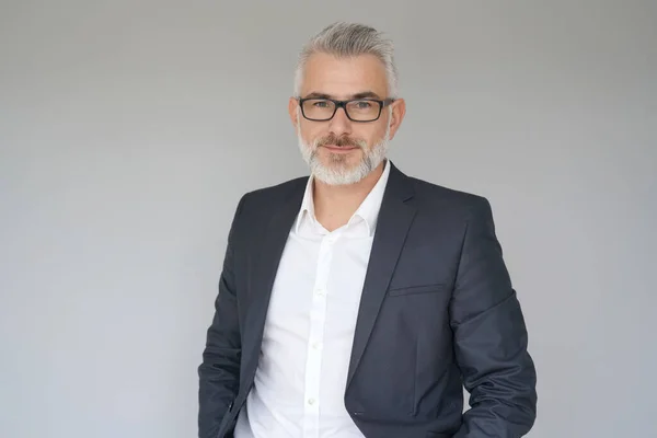 Retrato Del Hombre Negocios Pie Sobre Fondo Gris — Foto de Stock