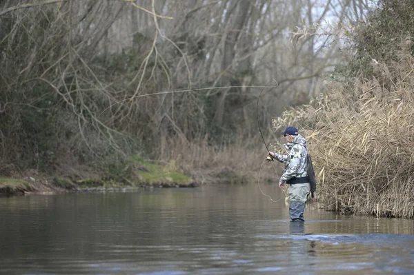 Pêcheur Mouche Rivière Hiver — Photo