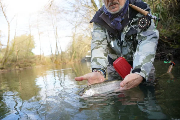 Prise Une Truite Arc Ciel Par Pêcheur Mouche Dans Rivière — Photo