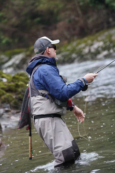 Trucha Mosca Pescador Río — Foto de Stock