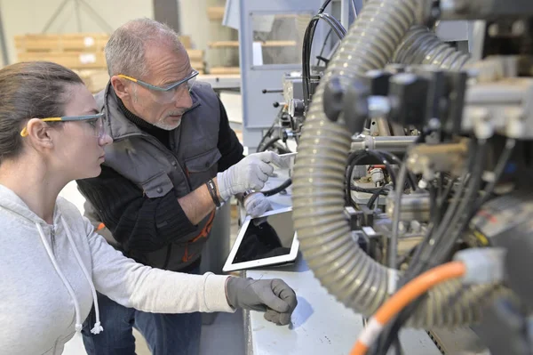 Tischler Mit Lehrling Werkstatt Stockbild