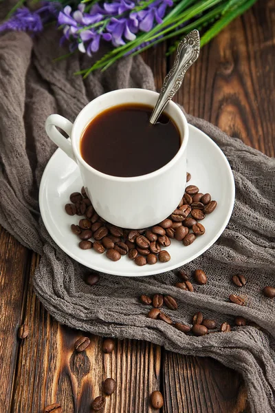 Coffee Express Triple White Cup Spoon Next Coffee Beans Dark — Stock Photo, Image