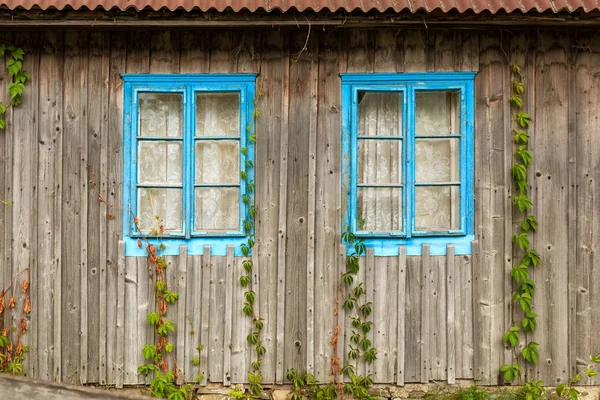 Ξύλινο τείχος με δύο μπλε παράθυρα. — Φωτογραφία Αρχείου