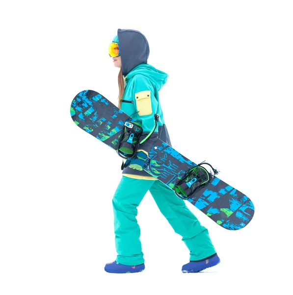 Giovane snowboarder ragazza tenendo snowboard isolato . — Foto Stock