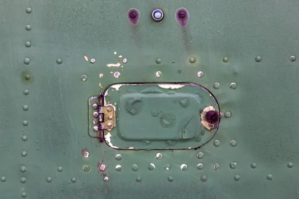 Close Old Aircraft Green Painted Aluminum Hatch Rivets — Stock Photo, Image