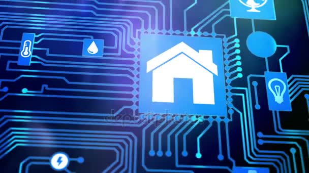 Smarta hem: Smarthome hussymbol automation på moderkort, framtida teknik hem fjärrkontroll koncept. — Stockvideo