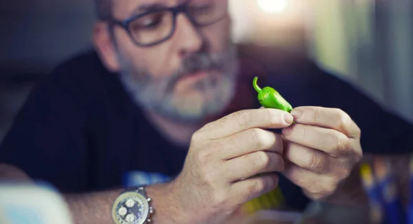 Creatieve ontwerper kijkt met groene peper — Stockfoto