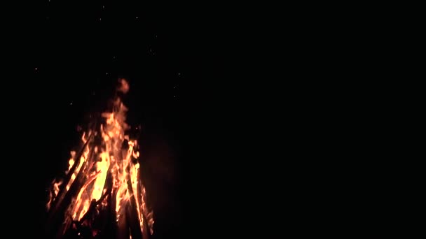 Llamas de fuego y cenizas brillantes sobre fondo negro — Vídeo de stock