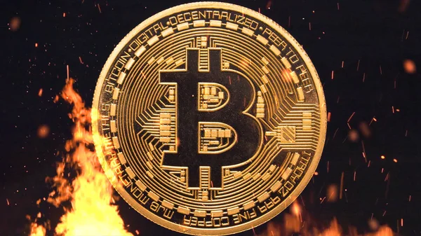 Bitcoin dinero ardiendo en llamas — Foto de Stock