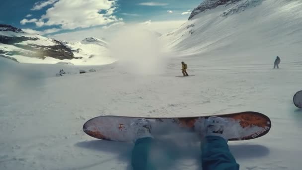 Point View Shot Actionsportlers Snowboarder While Freeride Remote Area Europe — Stock Video
