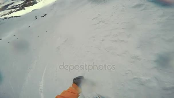 Synvinkel Skott Actionsportlers Snowboardåkare Medan Freeride Avlägset Område Europa Alpes — Stockvideo