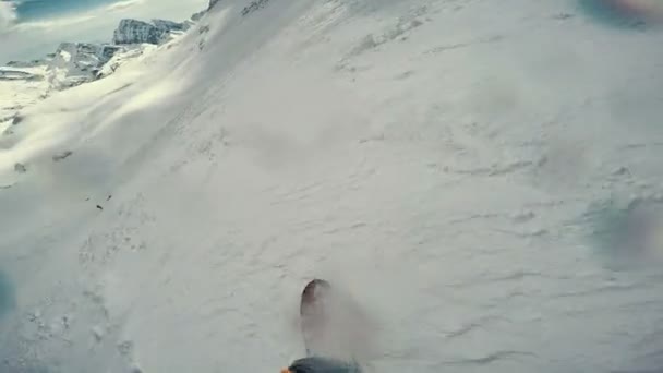 Point View Shot Actionsportlers Snowboarder While Freeride Remote Area Europe — Stock Video