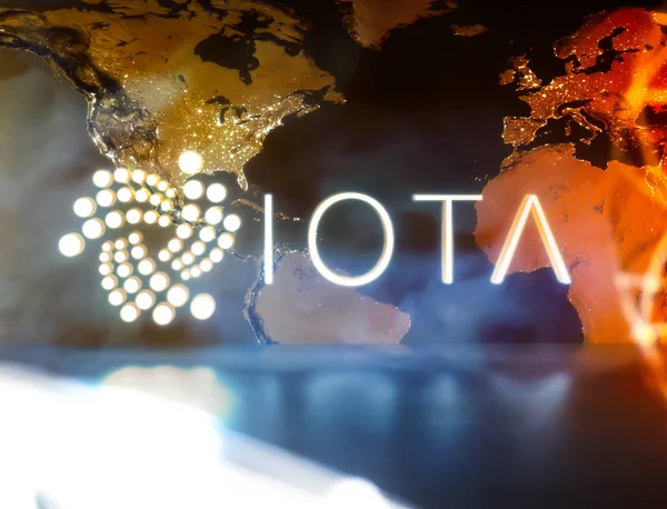 IOTA cryptocurrency with worldmap — Stock Photo, Image