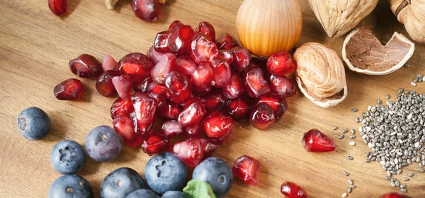 Superfood Various Superfoods Wooden Background — Stock Photo, Image