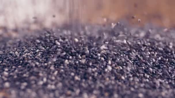 Chia Seeds Authentic Slow Motion Falling Wooden Table Close — Stock Video