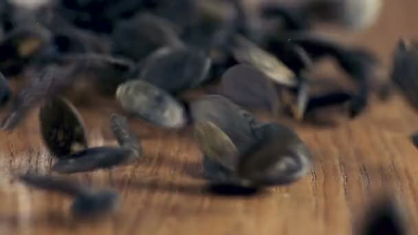 Sementes Abóbora Autêntica Slow Motion Caindo Sobre Mesa Madeira Close — Vídeo de Stock