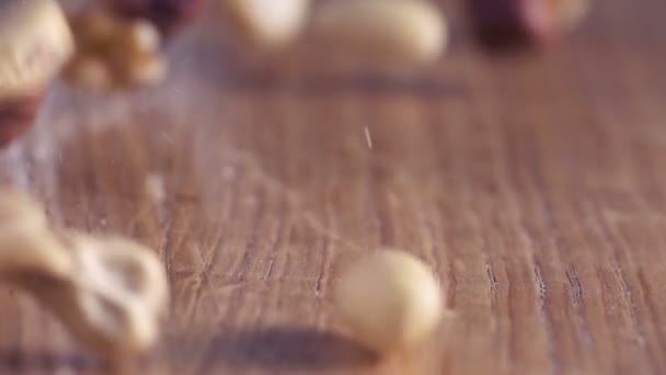 Mixed Nuts Hazelnut Walnut Almond Falling Authentic Wooden Close Slow — Stock Video