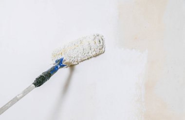 Oda beyaz renklerde boya için ressam rulo ve fırça ile çalışma kapatın. -Bunu kendinizi kazmak