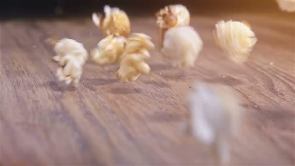 Fresh Fluffy Popcorn Falling Authentic Wooden Table Super Slow Motion — Stock Video