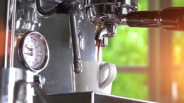 Espresso Gieten Van Klassieke Koffiemachine Klein Wit Kopje Close Shot — Stockvideo