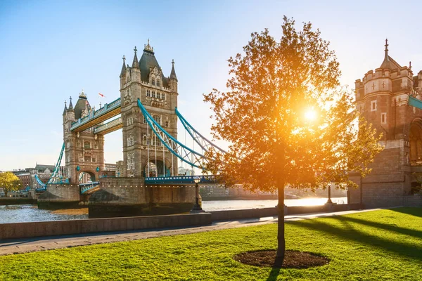 日当たりの良い夏の日 日の出ロンドン タワー ブリッジは輝く太陽に青い澄んだ空に撮影 — ストック写真