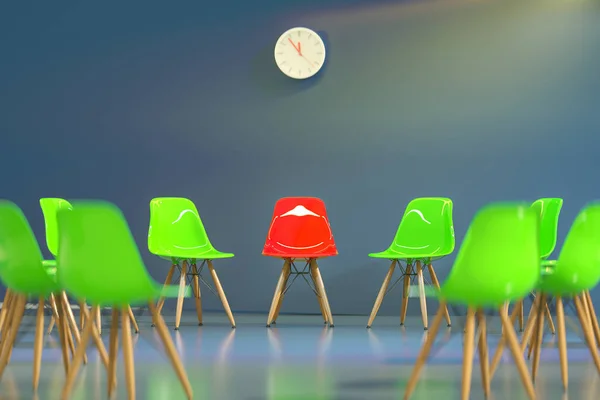 Kruh moderních designových židlí s jedním podivným ven. Pracovní příležitosti — Stock fotografie