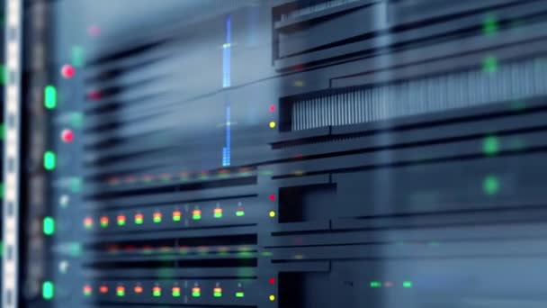 Slow tracking shot of server units in cloud service data center showing flickering light indicators for massive data connection bandwidth, close up shot. — Stock Footage Slow Tracking Shot Server Units Cloud Service Data Center Showing Video Clip