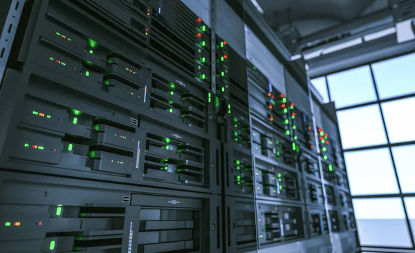 Unidades de servidor em data center de serviço de nuvem mostrando lig piscando — Fotografia de Stock