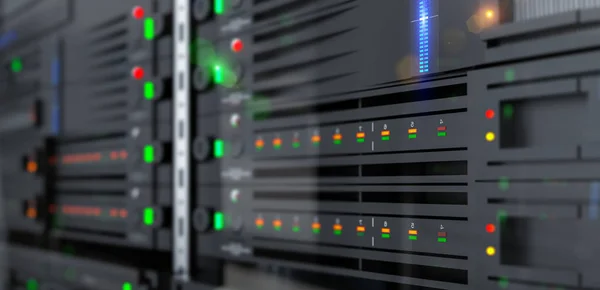 Server units in cloud service data center showing flickering lig — 스톡 사진