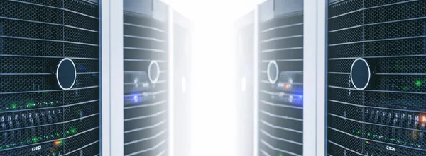 Server units in cloud service data center showing flickering lig — 스톡 사진