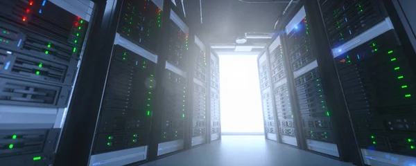 Server units in cloud service data center showing flickering lig — 스톡 사진