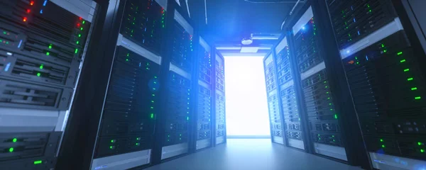 Server units in cloud service data center showing flickering lig — 스톡 사진