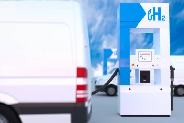 Benzin istasyonunda hidrojen logosu. emisyon için h2 yanmalı motor 