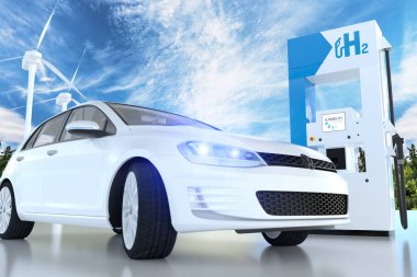 Benzin istasyonlarındaki hidrojen logosu. Emisyonsuz eko-dost nakil için h2 yanmalı motor.