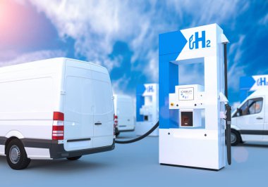 Benzin istasyonunda hidrojen logosu. emisyon için h2 yanmalı motor 
