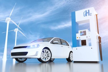 Benzin istasyonunda hidrojen logosu. emisyon için h2 yanmalı motor 