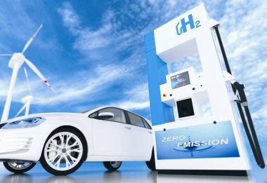 Benzin istasyonunda hidrojen logosu. emisyon için h2 yanmalı motor 