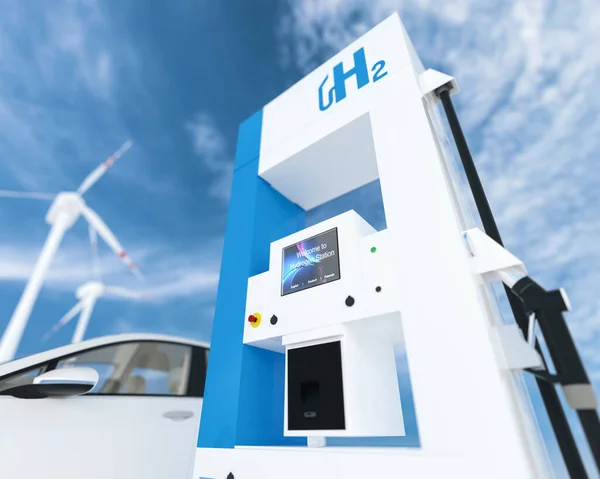 Wasserstoff-Logo auf Tankstelle. h2 Verbrennungsmotor für Emissionen — Stockfoto