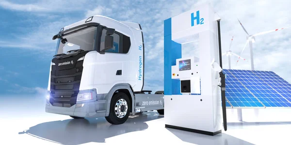 Logo idrogeno sul distributore di carburante delle stazioni di servizio. h2 combustione Truc — Foto Stock
