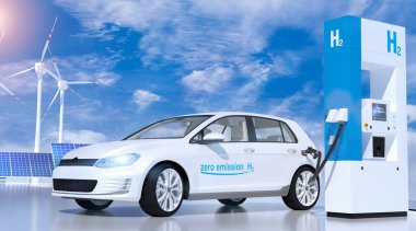 Benzin istasyonunda hidrojen logosu. emisyon için h2 yanmalı motor 