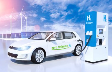 Benzin istasyonunda hidrojen logosu. emisyon için h2 yanmalı motor 