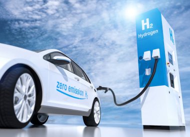 Benzin istasyonlarında hidrojen logosu var. H2 yanmalı motor emisyonsuz eko-dost nakil için. 3d oluşturma