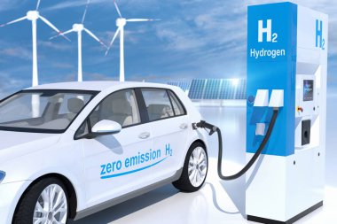 Benzin istasyonlarında hidrojen logosu var. H2 yanmalı motor emisyonsuz eko-dost nakil için. 3d oluşturma