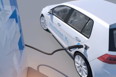 Benzin istasyonlarında hidrojen logosu var. H2 yanmalı motor emisyonsuz eko-dost nakil için. 3d oluşturma