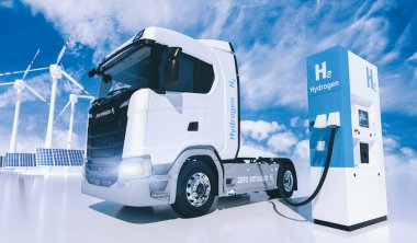Benzin istasyonlarındaki hidrojen logosu. H2 yanmalı kamyon motoru emisyonsuz çevre dostu nakil için. 3d oluşturma